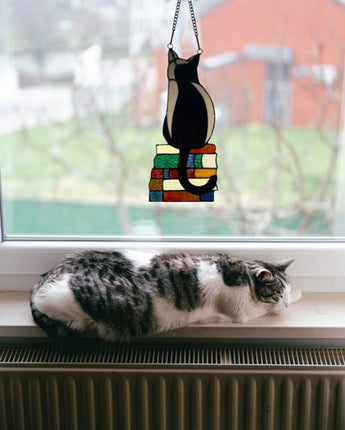 Library Cat Stained Glass Window Panel