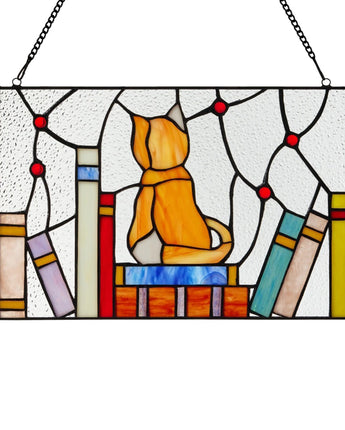 Kitten with Books Stained Glass Window Panel