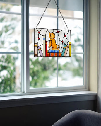 Kitten with Books Stained Glass Window Panel